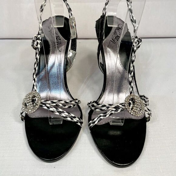 BLACK, WHITE & SILVER BRAID 4” HEEL SANDAL w RHINESTONES SAMDAL SIZE 8 EUC - Picture 2 of 8